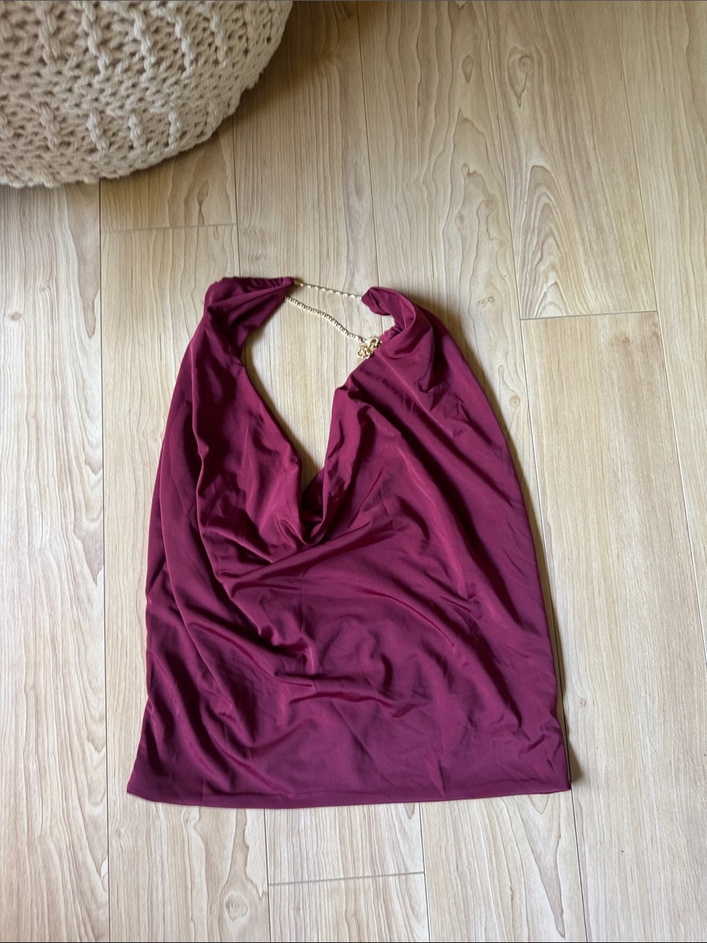 Meshki Burgundy Strapless Cowl Top with Gold Chain